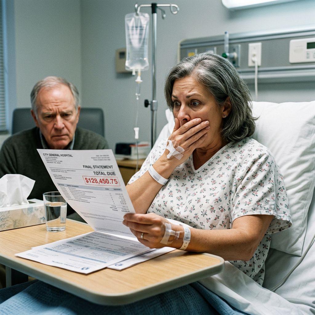 Generate an image of a patient at a hospital shocked by the medical bill.