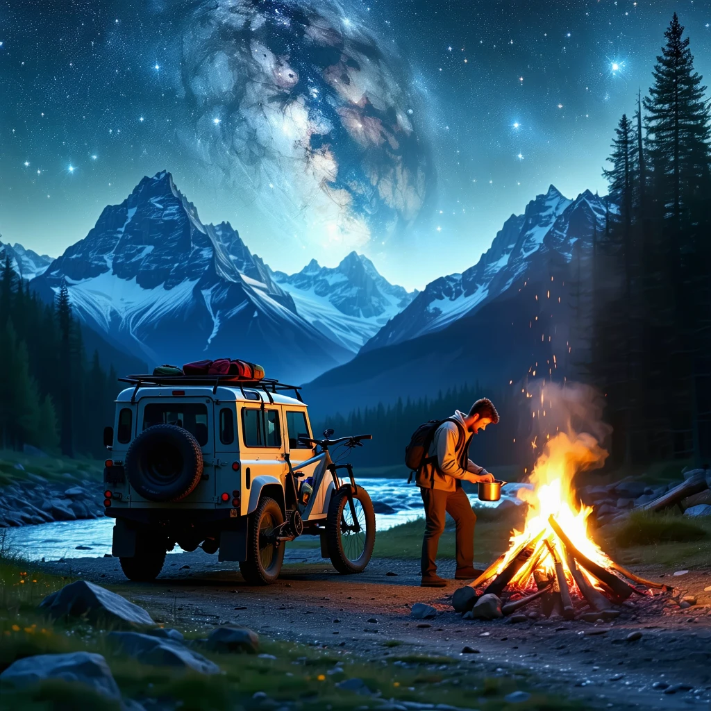 "A romantic and adventurous night in the wilderness. A rugged off-road vehicle is parked on a dirt path under a starry sky, with a bicycle strapped to the back. Nearby, a crackling campfire casts a golden glow. A man adjusts the bicycle, preparing for the next day's ride, while a woman stirs a steaming pot over the fire. Snow-capped mountains rise in the distance, reflecting the full moon’s silver light. A river flows gently nearby, surrounded by tall pine trees. The atmosphere is filled with love, freedom, and the thrill of adventure."