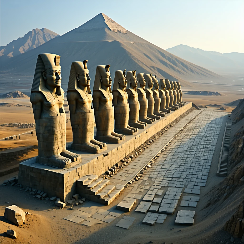 Photorealistic aerial shot of Mount Nemrut with a focus on the large stone statues arranged in a row. Include broken stone slabs and a man-made pyramid-shaped mound in the background. Natural mountain terrain, early morning soft lighting, no dramatic effects. Colors should be muted earth tones—browns, grays, and soft golds.