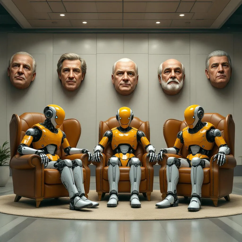 Three robots sitting in oversized leather chairs in a large ‘Trophy’ Room. on the walls of the room are mounted large human heads of Famous Human Leaders and Celebrities. The Style should be photorealistic.