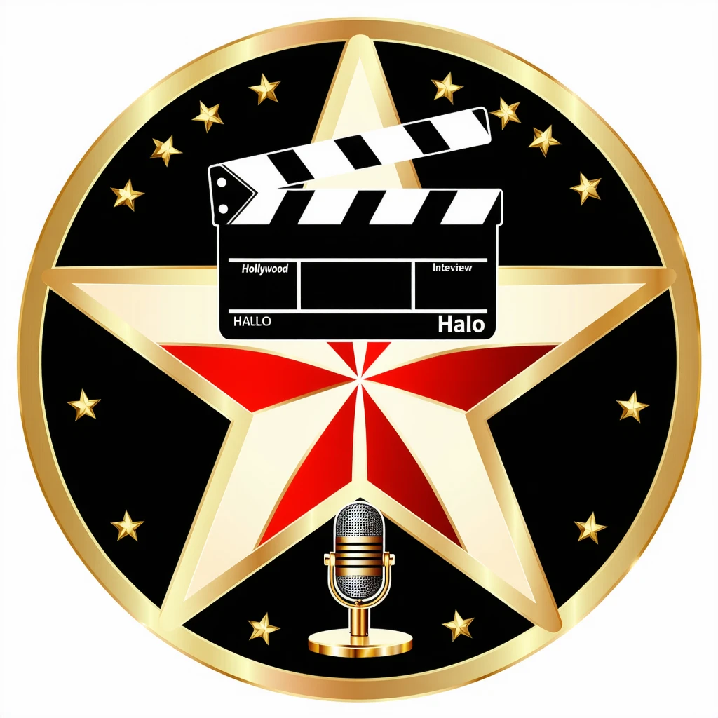 A circular emblem with a golden Hollywood star in the center. Inside the star is a stylish clapperboard 🎬 overlapping a microphone 🎤, symbolizing both movies and celebrity interviews. The outer ring features a subtle camera lens effect, and the text "Hollywood Halo" wraps around the circle in bold, cinematic typography. Use a black background with metallic gold and red accents for an upscale, modern look.
