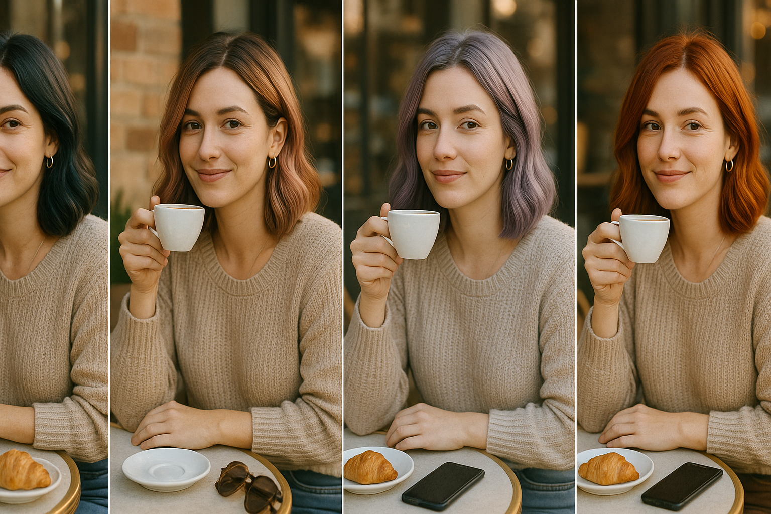 Generate an image of 4 columns where a woman is seated at a cafe. The same woman in the same pose has 4 different hair colors. Use quirky but real colors.