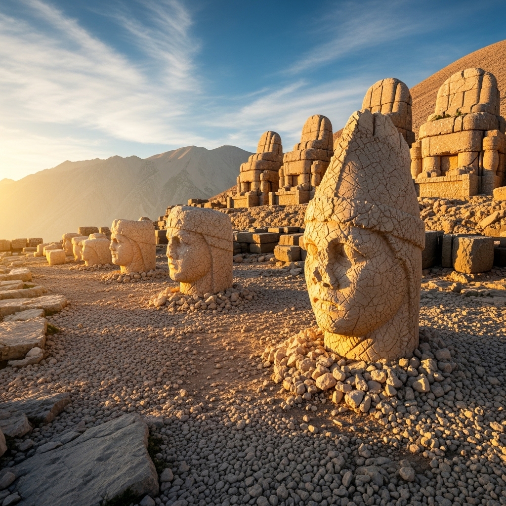 Realistic photo of ancient stone heads on Mount Nemrut, Turkey, taken at sunrise. The statues are weathered and cracked, partially buried in rocky ground. Golden sunlight casts long shadows across the gravel. The background shows the Taurus Mountains and a clear sky with warm tones. Natural lighting, no fantasy elements, historical documentary style.