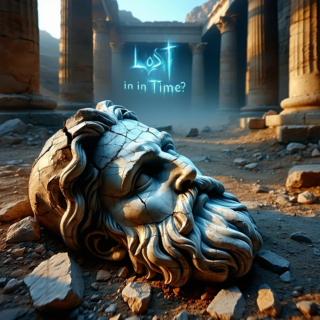 Close-up of a cracked stone head (Zeus or Antiochus) lying in dry gravel, with deep shadows and faint mist. Behind it, show a ghostly outline of an ancient temple or tomb in ruins. Add glowing ancient script symbols faintly in the sky. Bold text at the bottom: “Lost in Time?”