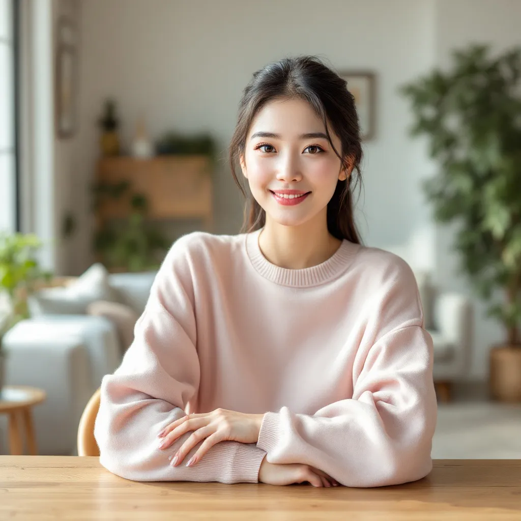 A high-resolution photograph features a young East Asian woman in her thirties seated at a wooden table in a sunlit living room. She confidently looks at the camera, her neatly pulled-back hair and comfortable pastel pink sweater complementing the serene ambiance created by the natural light, neutral-colored walls, and soft furnishings like the plants, sofa, and floor lamp around her.