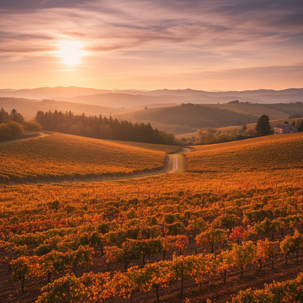 A large vineyard with hills in golden hour