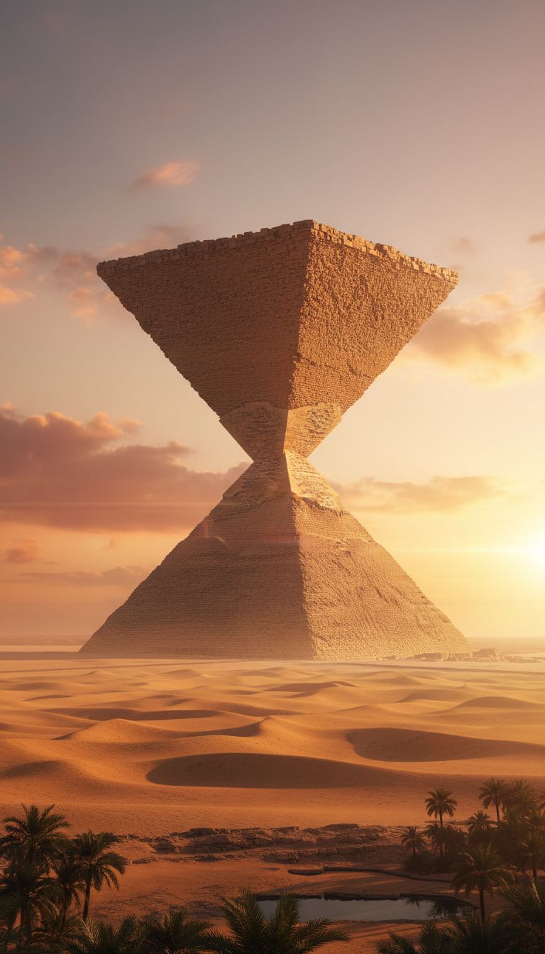 Two Giza pyramids as seen from a distance during golden hour. One pyramid is inverted on top of the other pyramid.