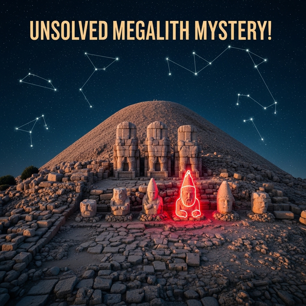 Top-down drone-style view of the Mount Nemrut complex with scattered statues. Highlight one with a glowing red outline or aura to suggest mystery. Add ancient constellation patterns faintly overlaid on the sky. Bold text at top: “Unsolved Megalith Mystery!”