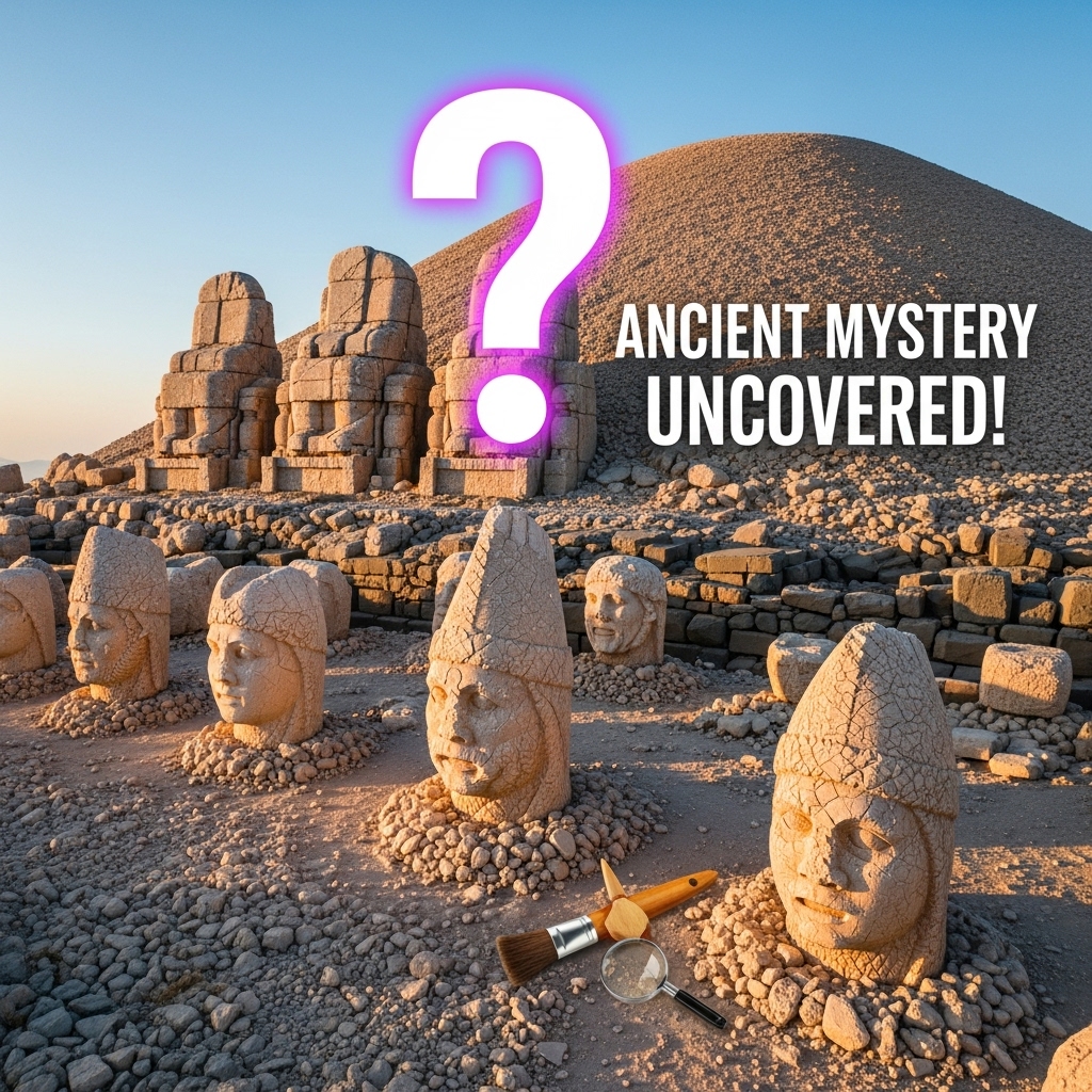 Bird’s-eye view of Mount Nemrut with giant stone heads arranged in a semi-circle, partially buried. Add an archaeological brush and magnifying glass placed near one head to suggest discovery. Include a glowing question mark above the statues. Text: “Ancient Mystery Uncovered!”