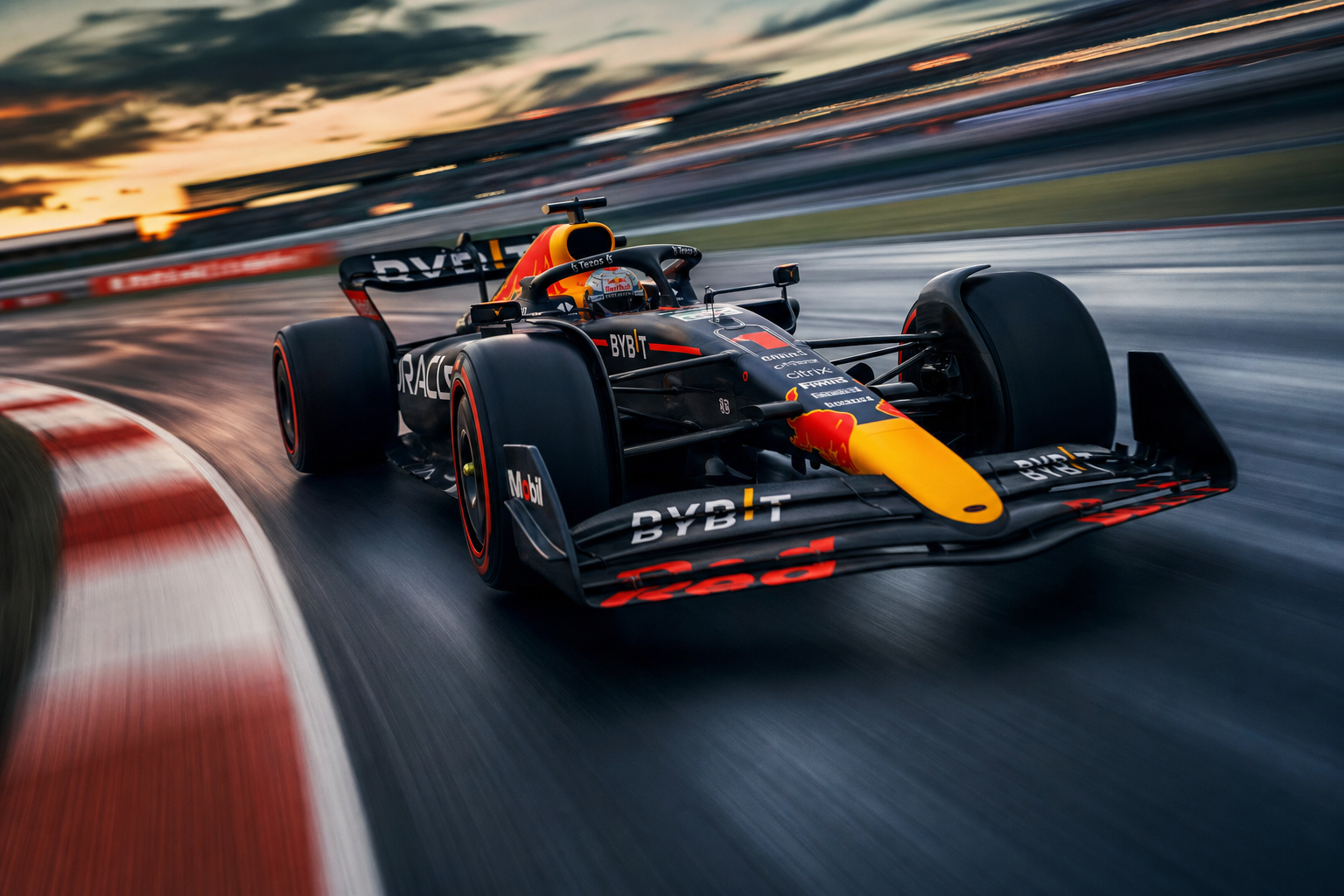 ethereal motion blur style, of a formula 1 car along a racetrack. It is captured mid-turn on an asphalt track with motion blur emphasizing speed.