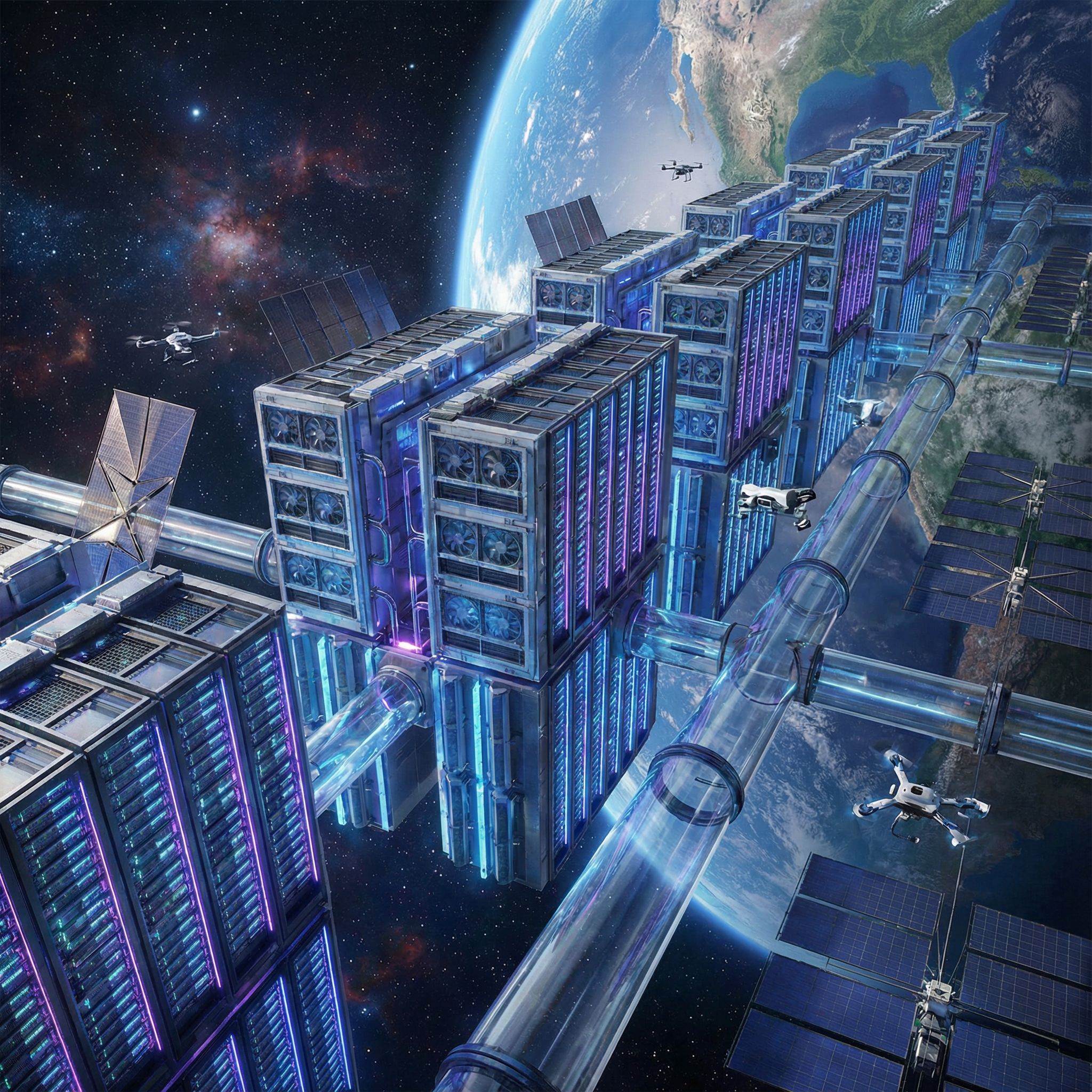 A visualization of a data center in space.
