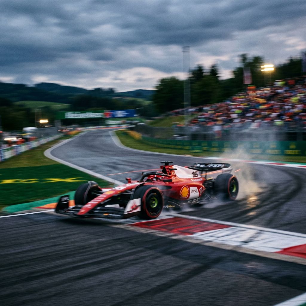 ethereal motion blur style, of a formula 1 car along a racetrack. It is captured mid-turn on an asphalt track with motion blur emphasizing speed.