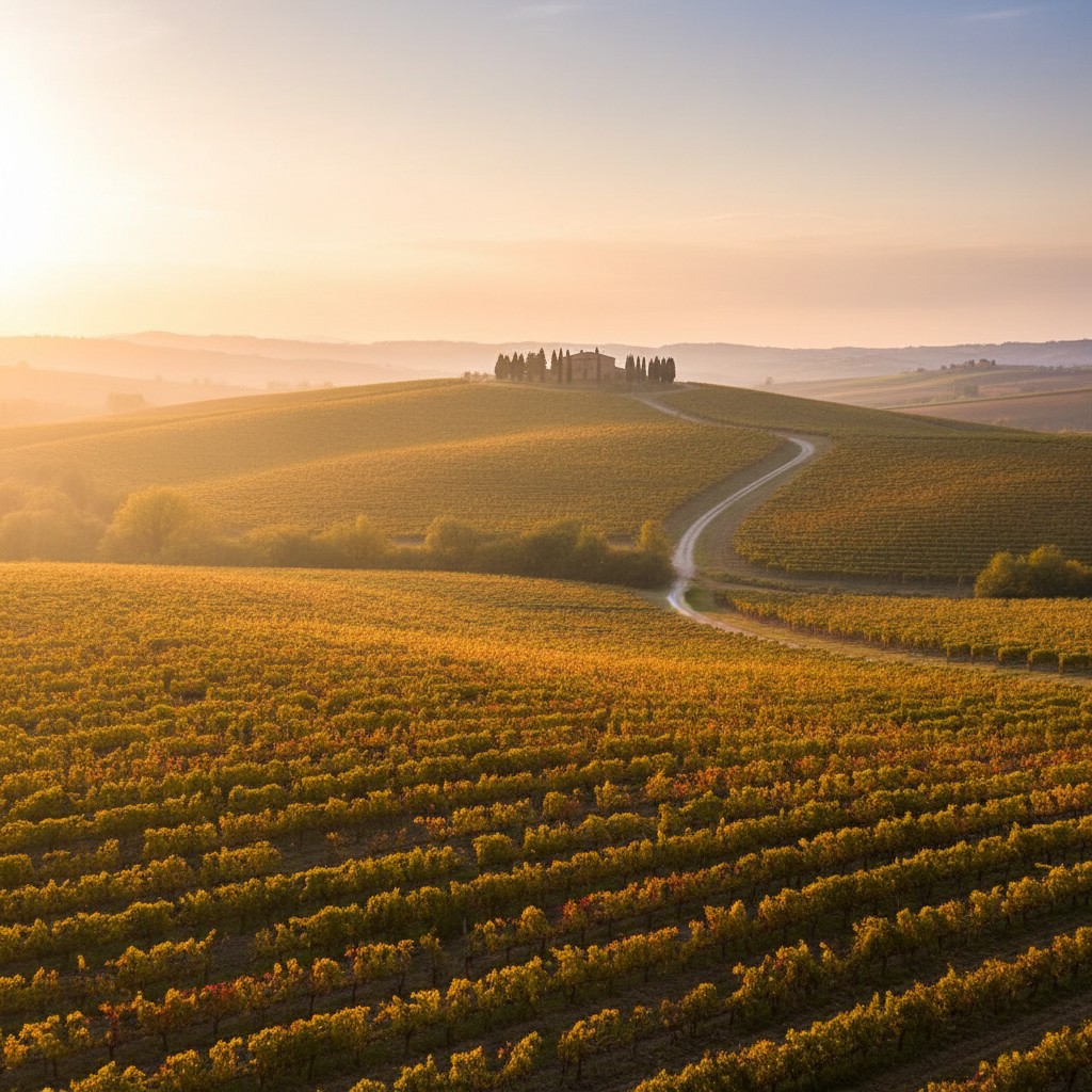 A large vineyard with hills in golden hour