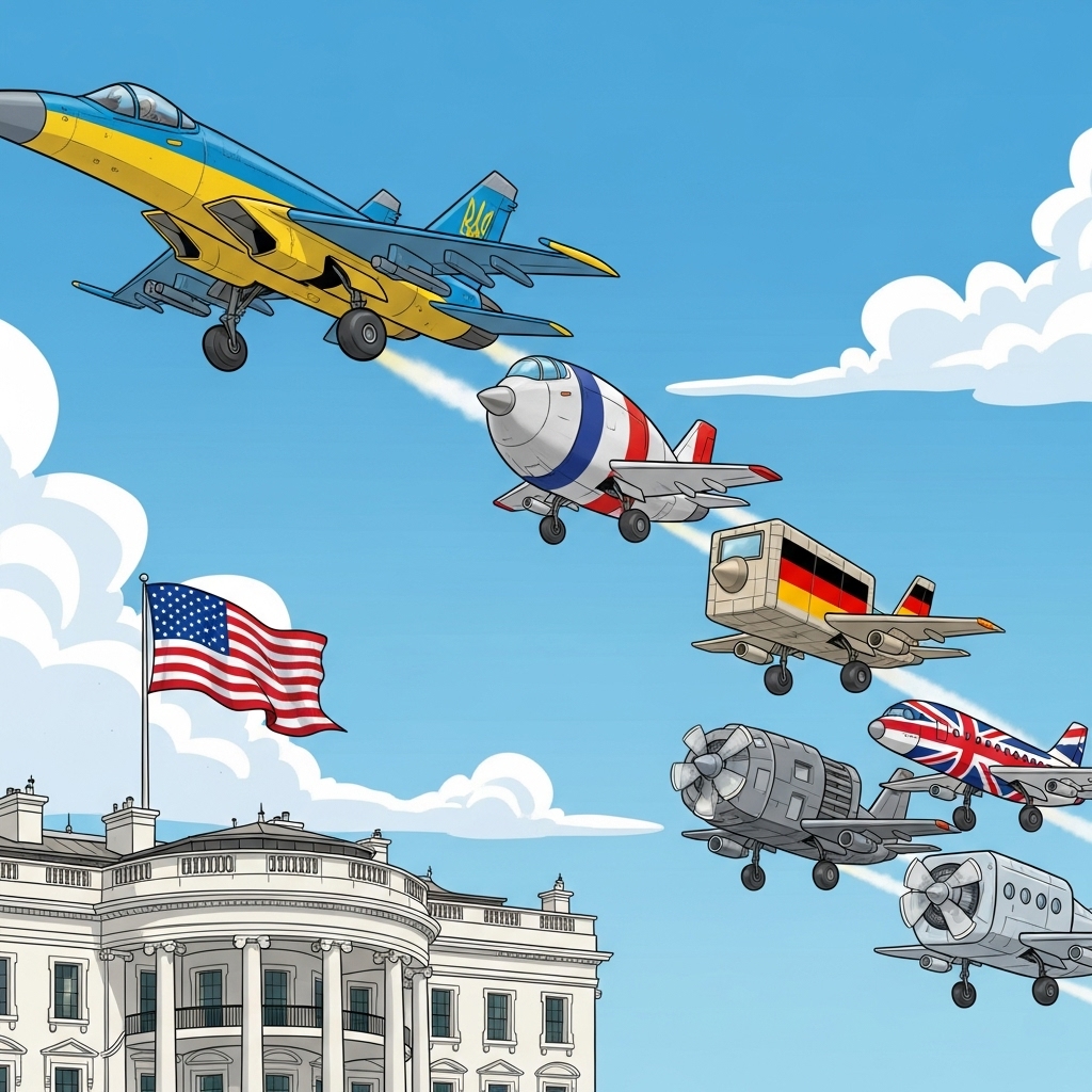 In a cartoon parody style, generate an image of multiple planes hovering over The White House and planning to land. The planes should have flags from European countries like Ukraine (the first plane), France, Germany, Britain. The US flag is fluttering over the White House.