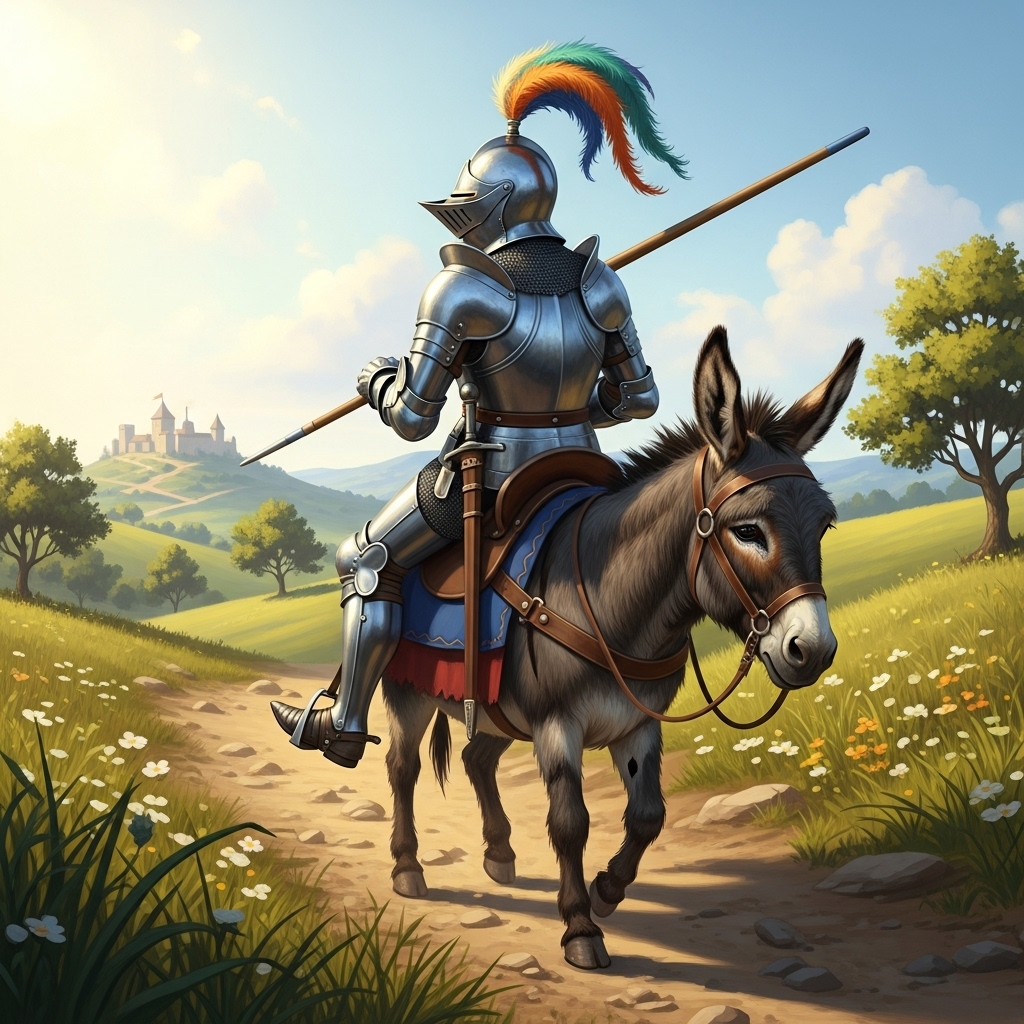 A knight wearing an armor is sitting on top of a donkey. He is facing away from the donkey.