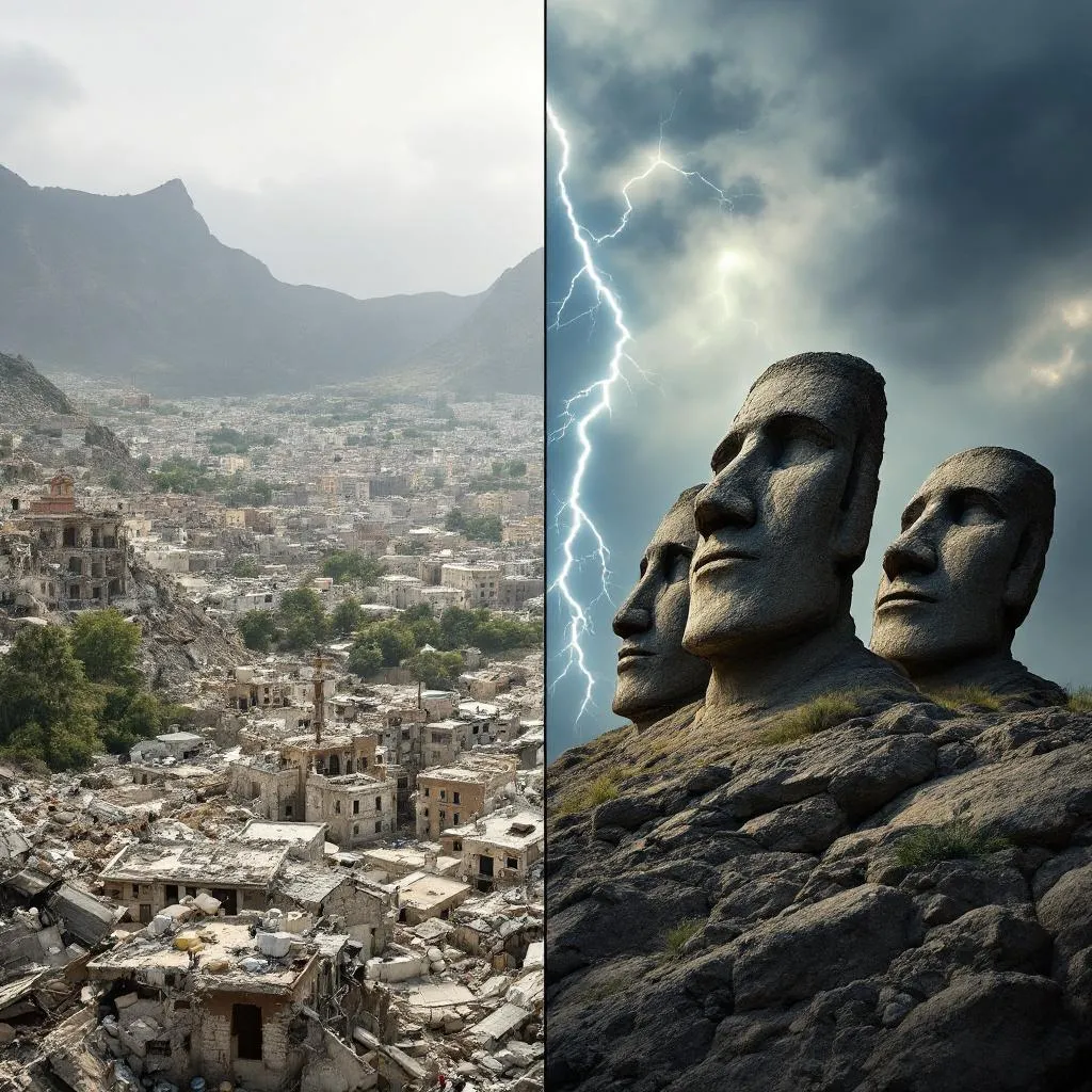 Split image: Left side shows a modern-day earthquake-ravaged city (faded), and the right side shows untouched ancient stone heads on Mount Nemrut. Highlight the contrast. Add a dramatic sky with a lightning bolt in the background. Text at the top: “Still Standing After 2,000 Years?” image aspect ratio is youtube thumbnail style