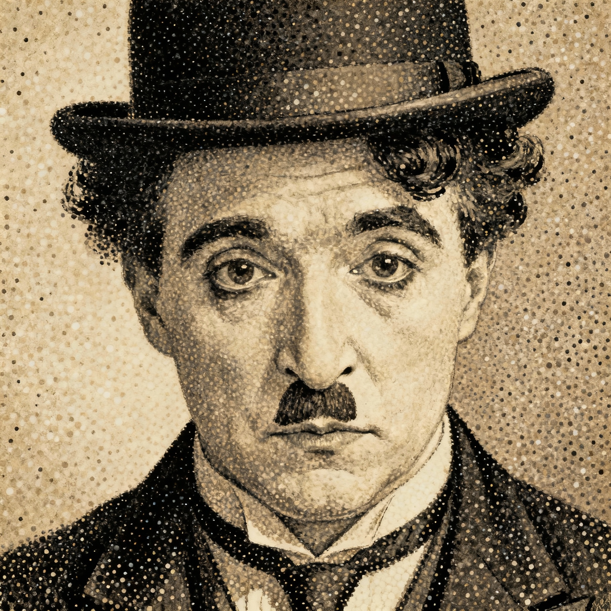 Portrait of Charlie Chaplin. Pointilism style.