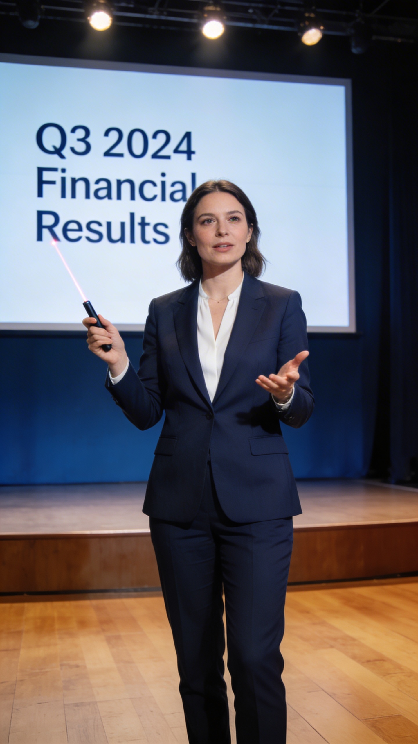 Image of a woman dressed in formal attire giving a corporate presentation on a stage.