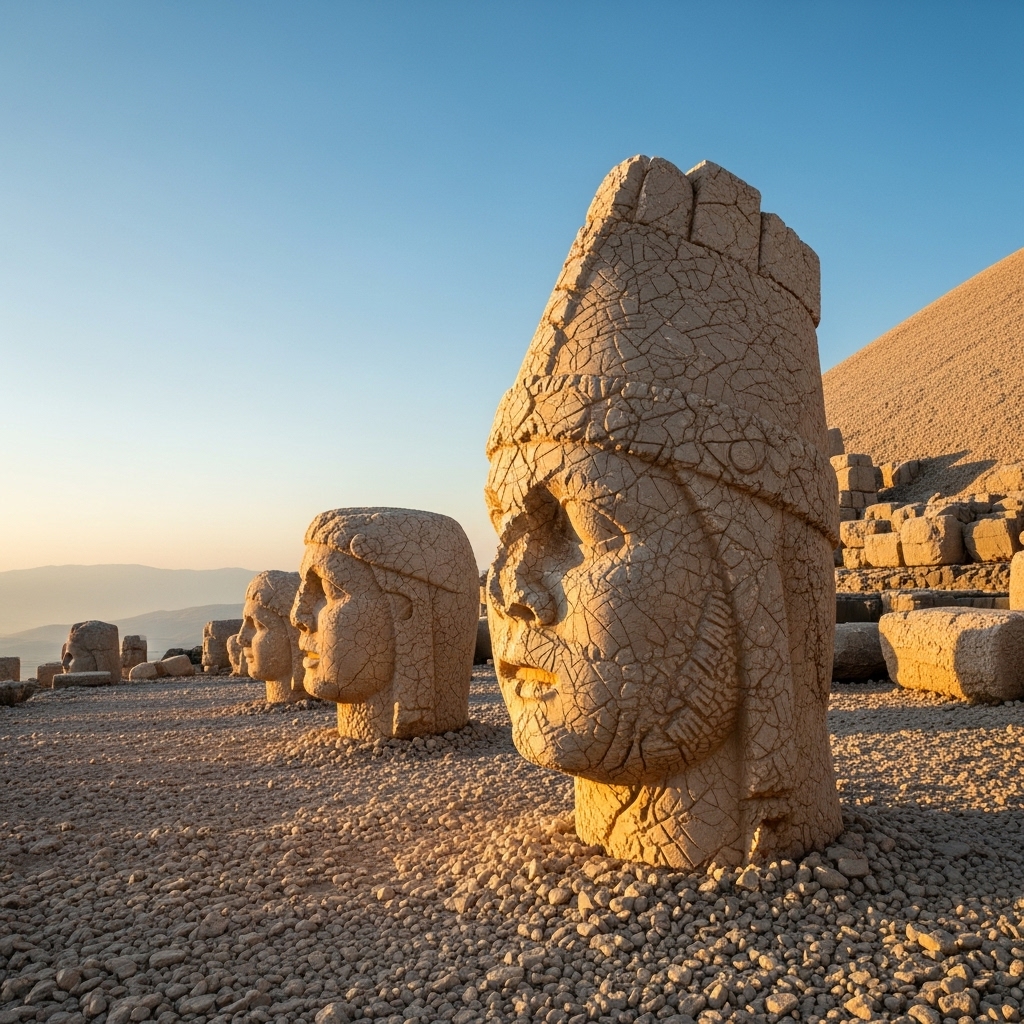 High-resolution side-angle photograph of Mount Nemrut stone heads in Turkey, taken at golden hour. The massive stone heads are cracked and aged, sitting on gravel with detailed erosion textures. Natural sunlight highlights the contours of the faces. The backdrop shows barren hills and a soft hazy sky. Ultra-realistic, natural tones, documentary style.