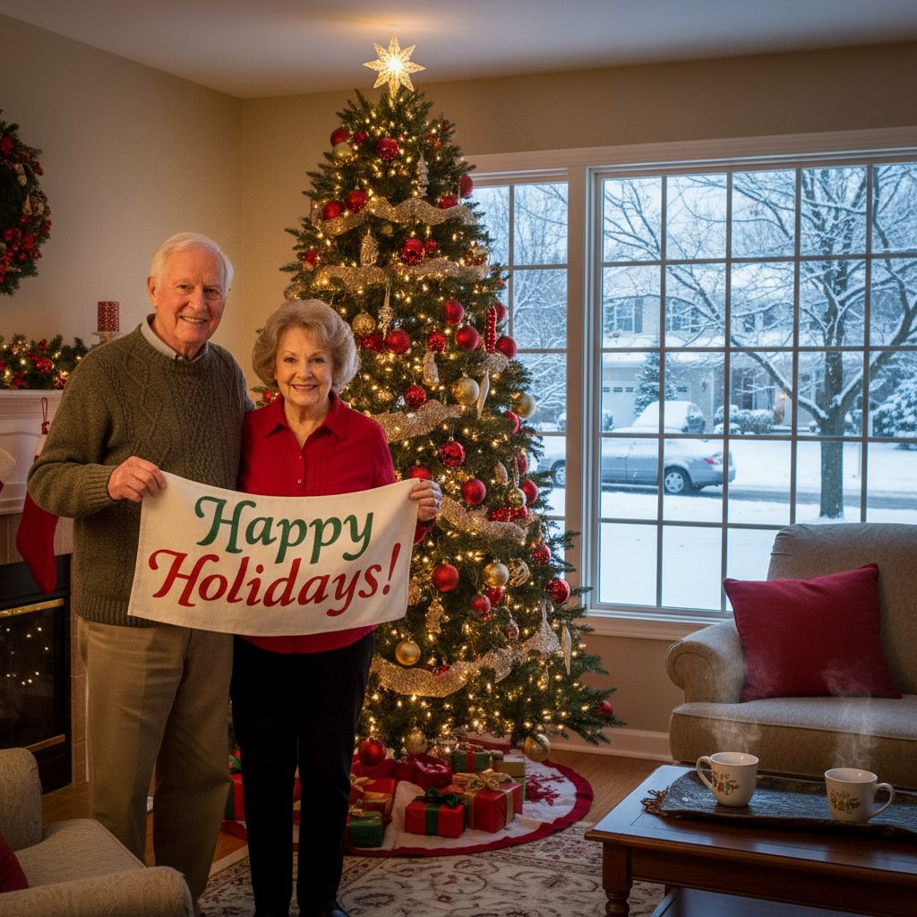 An old couple in the US holding a cloth banner that reads "Happy Holidays!". They are inside a suburban home and standing in front of a large well-decorated christmas tree and a large french window in the background where you can see snow on the road.