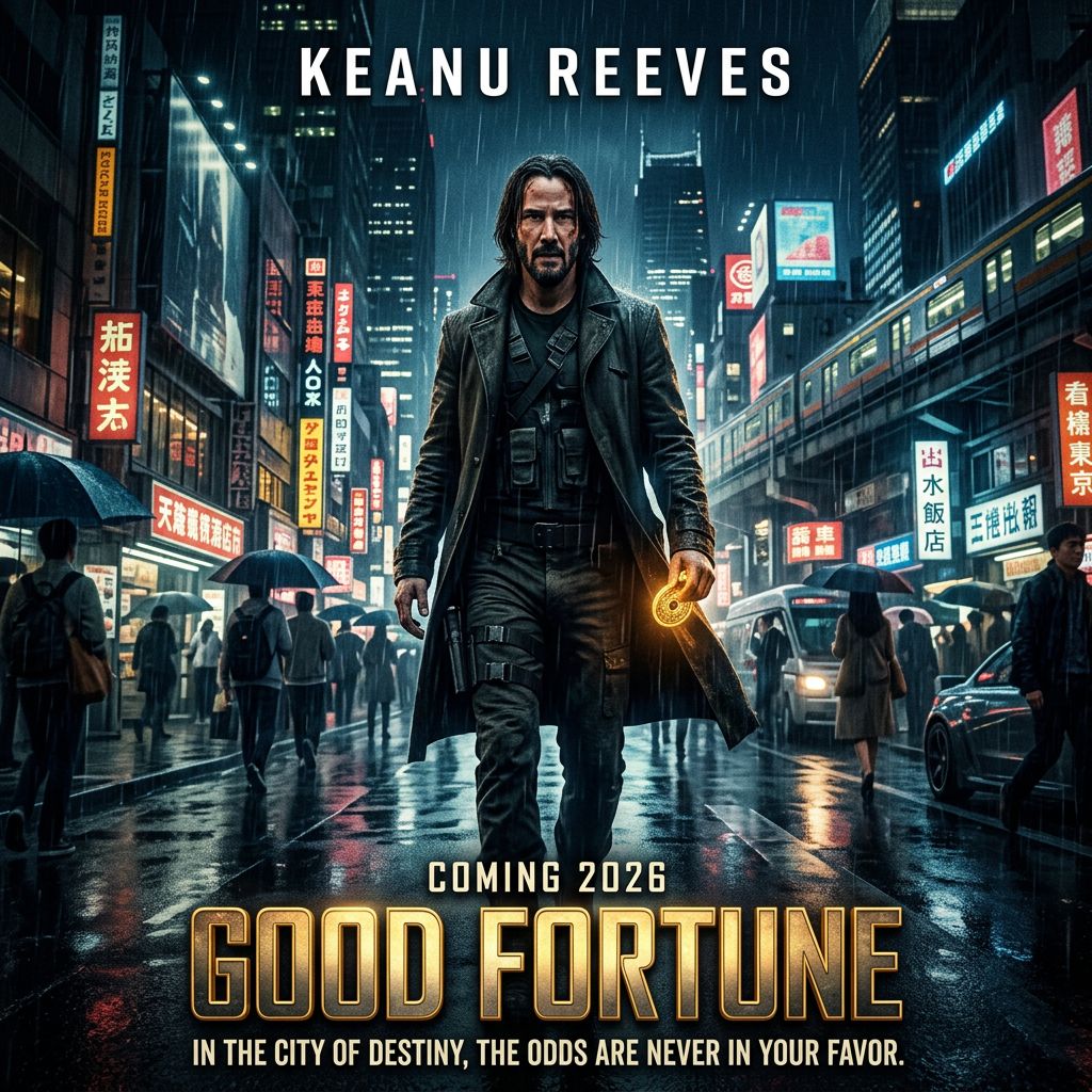 Design a stunning movie poster for the 2026 movie "Good Fortune" starring Keanu Reeves.
