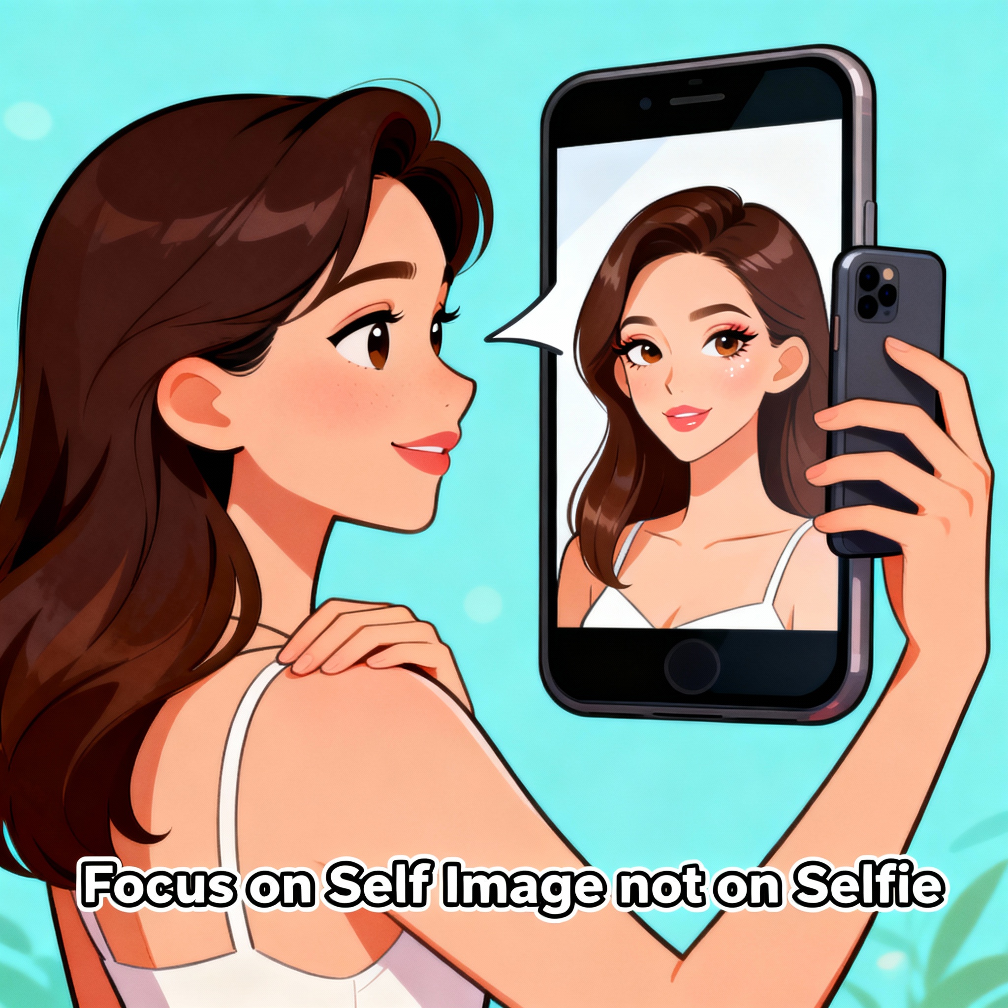 A side view woman taking a selfie using her mobile phone with her hand raised slightly over shoulder level. Behind the phone, we see a blurb with a beautified version of the woman. The picture is depicted in cartoon style. There is text at the bottom of the image that reads "Focus on Self Image not on Selfie".