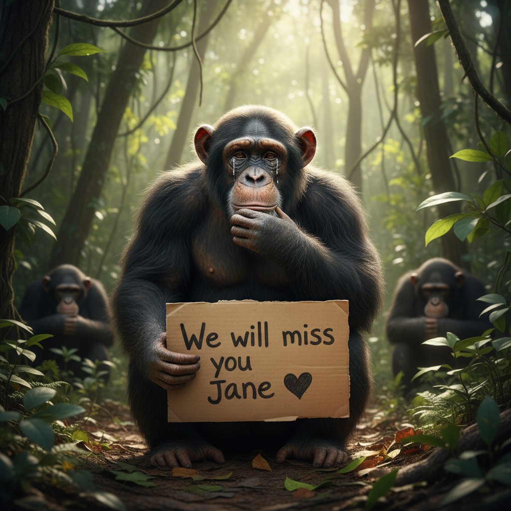 An image of a large gorilla crying holding a placard that reads "We will miss you Jane ❤️". The scene is set in a dense African forest.