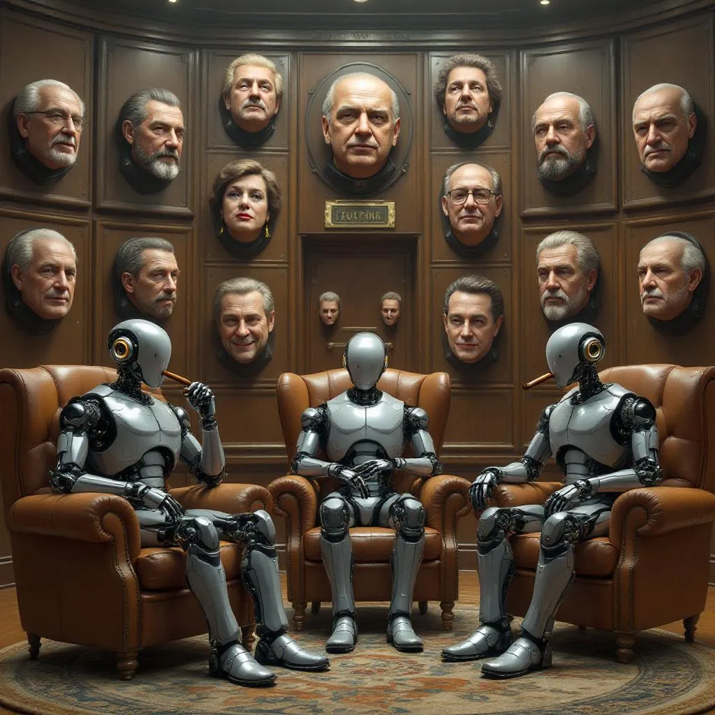 Three robots sitting in oversized leather chairs in a large ‘Trophy’ Room. Each robot is smoking a Cuban Cigar. on the walls of the room are mounted a number of large human heads of Famous Human Leaders and Celebrities. The Style should be photorealistic.