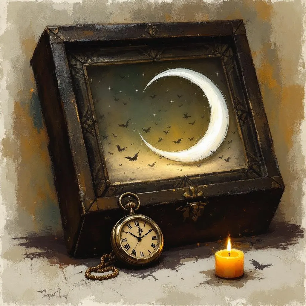 crescent blade and pocketwatch, spooky, magic box, painting