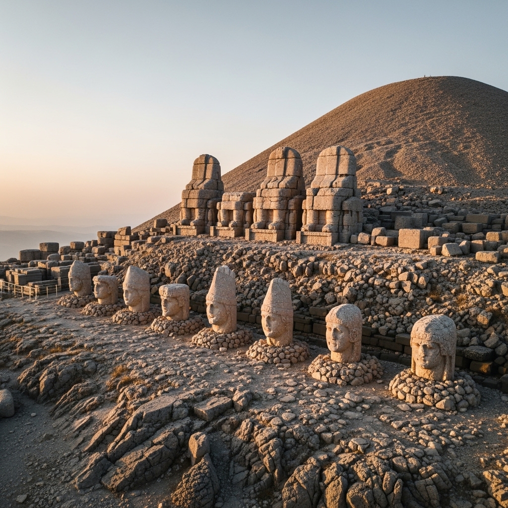 Photorealistic aerial shot of Mount Nemrut with a focus on the large stone statues arranged in a row. Include broken stone slabs and a man-made pyramid-shaped mound in the background. Natural mountain terrain, early morning soft lighting, no dramatic effects. Colors should be muted earth tones—browns, grays, and soft golds.