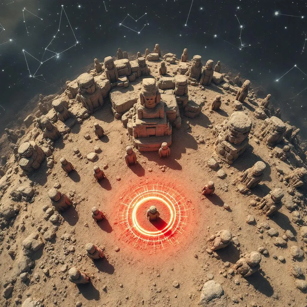 Top-down drone-style view of the Mount Nemrut complex with scattered statues. Highlight one with a glowing red outline or aura to suggest mystery. Add ancient constellation patterns faintly overlaid on the sky. Bold text at top: “Unsolved Megalith Mystery!”
the image aspect ratio is 16:9
