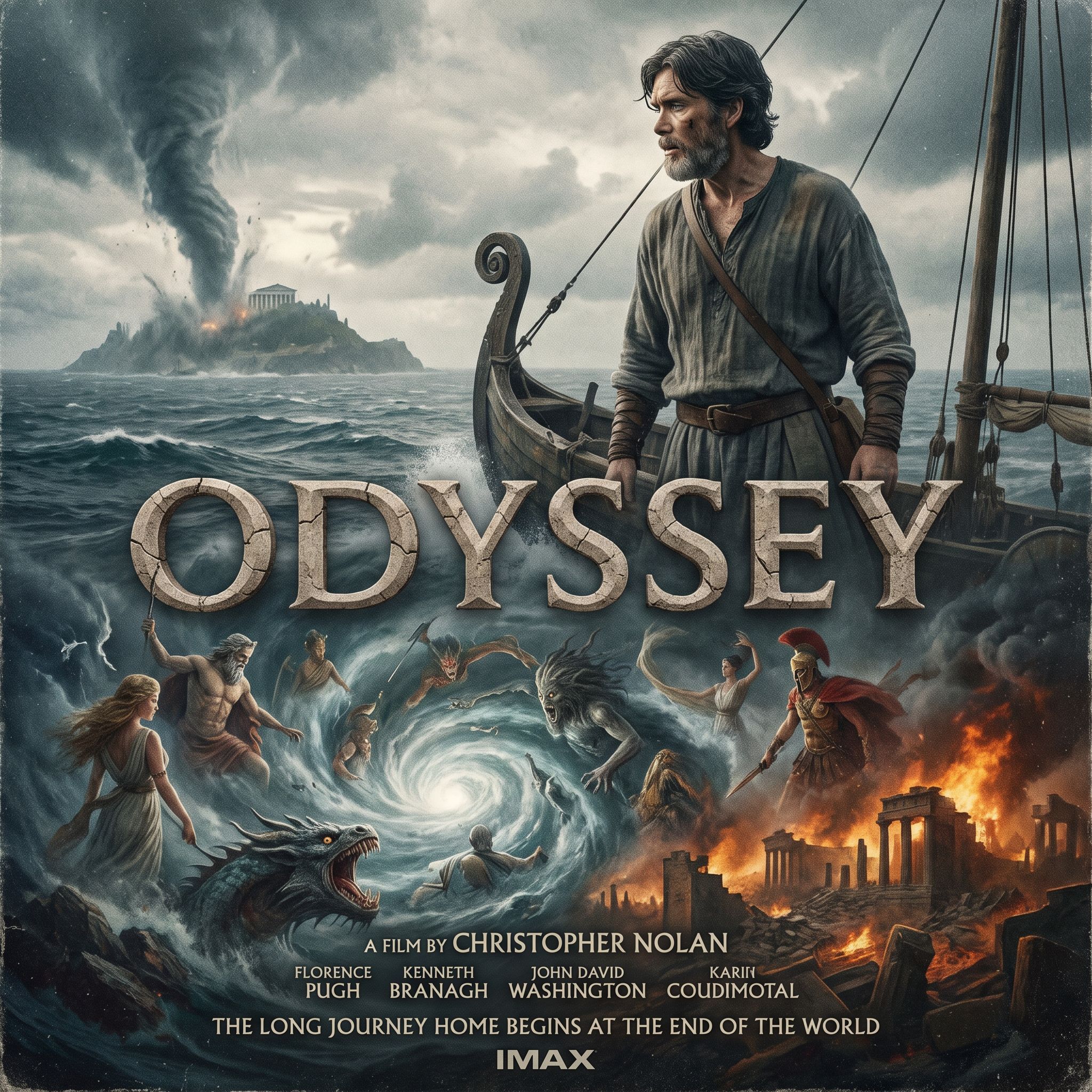A movie poster of the 2026 movie "Odyssey" by Christopher Nolan on the Greek epic by the same name.