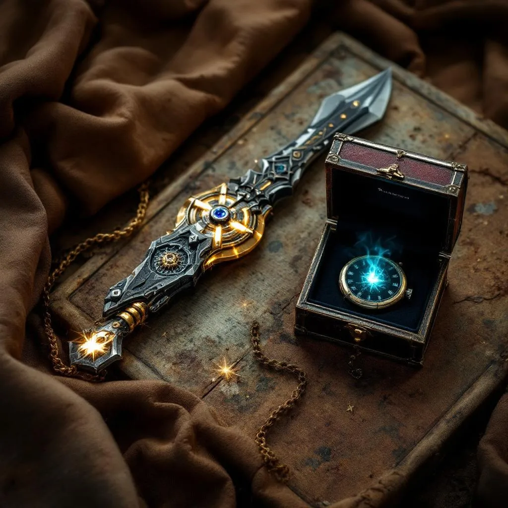 Chakram weapon and glowing pocket watch with magic box