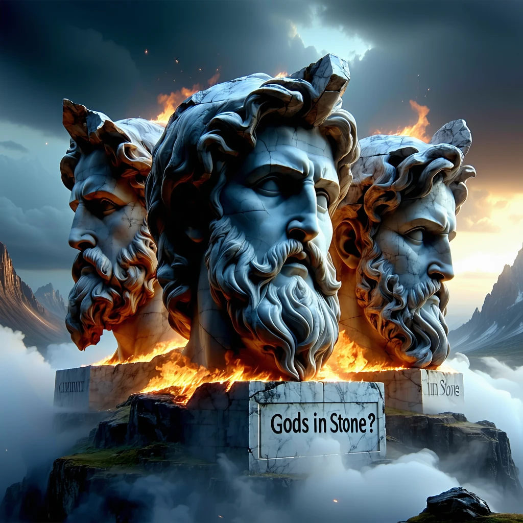 Line up the stone heads of Zeus, Apollo, and Hercules in the foreground, with their names subtly carved beneath each one. Use a moody sky and glowing embers in the air, as if time itself is frozen. Add mysterious fog swirling around the base. Text in center: “Gods in Stone?”