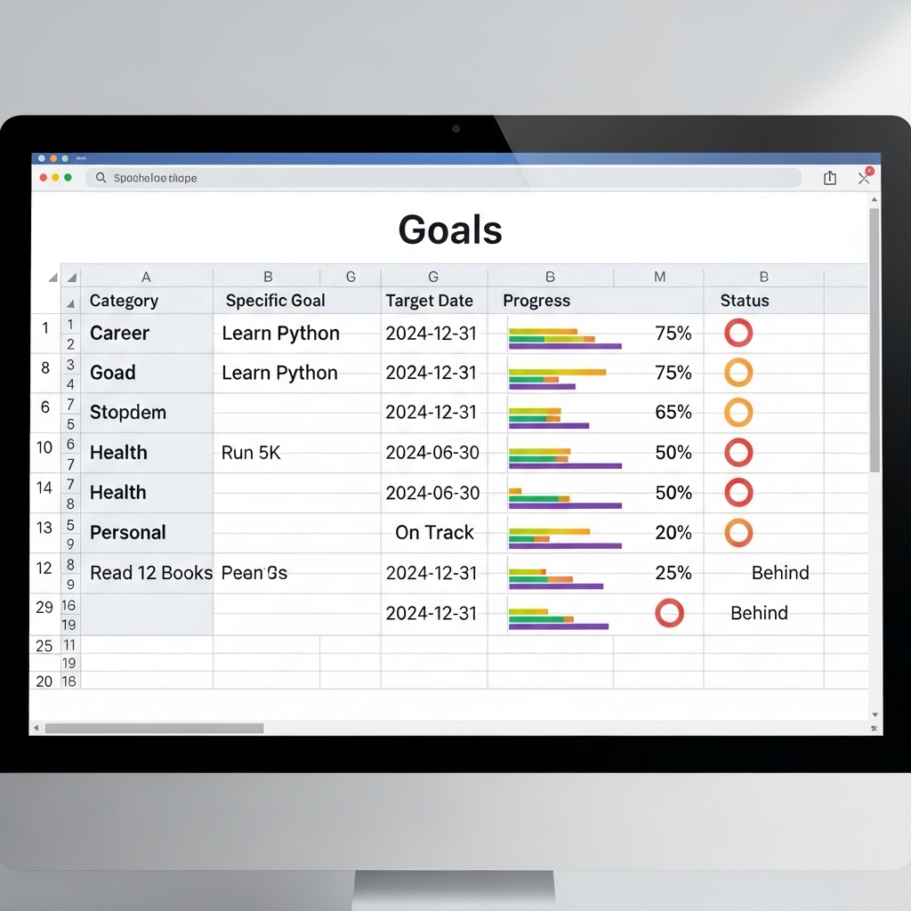 An image of a computer screen that displays a spreadsheet with the title Goals.