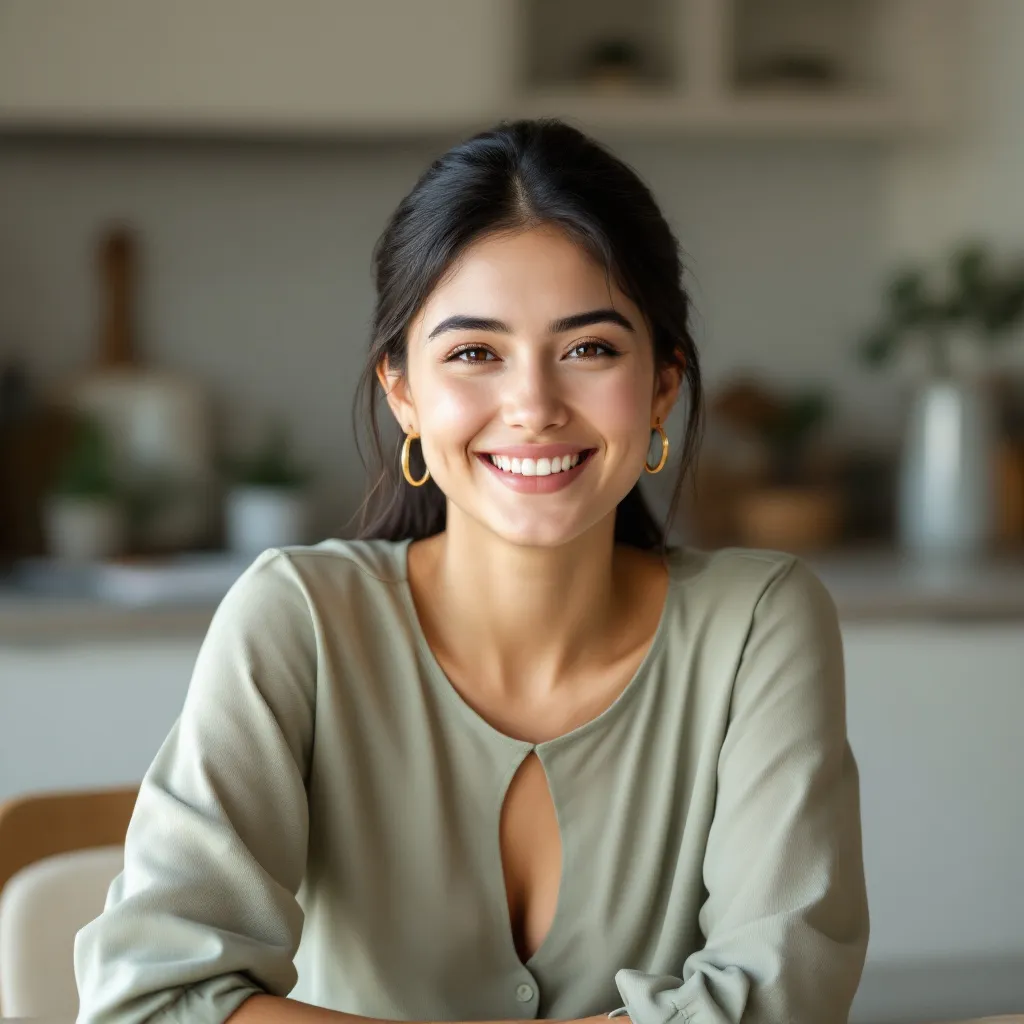 A confident young woman sitting at a table in a softly lit modern interior, facing the camera with a calm, gentle smile. She is wearing a light sage green blouse with a teardrop neckline cutout and small gold hoop earrings. Her dark hair is neatly parted and pulled back. The background is softly blurred in neutral tones, resembling a kitchen or home office. Natural lighting from the side enhances her facial features, giving the scene a clean, professional, and approachable look. Shot in a portrait style with a shallow depth of field.