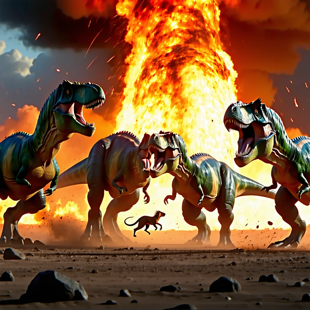 Five T-Rex Dinosaurs Battling on a firery plain with a flaming meteor about to hit the ground. A warm blooded mammal runs quickly through the legs of the T-Rex’s.