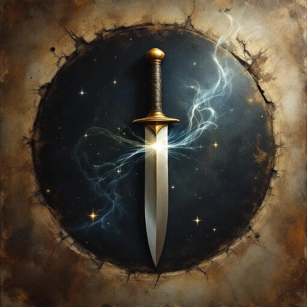 ancient circular knife with magic effects, painting