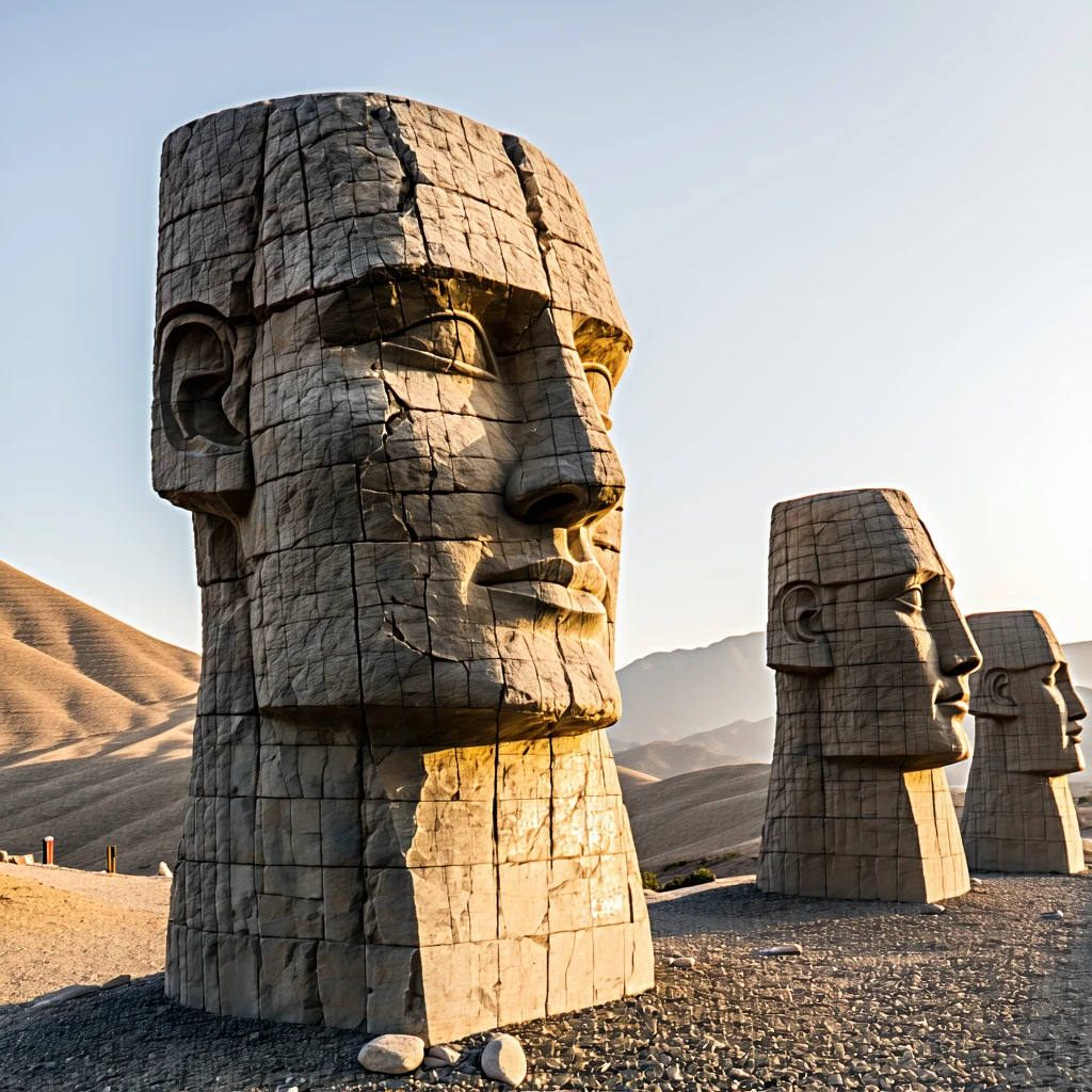 High-resolution side-angle photograph of Mount Nemrut stone heads in Turkey, taken at golden hour. The massive stone heads are cracked and aged, sitting on gravel with detailed erosion textures. Natural sunlight highlights the contours of the faces. The backdrop shows barren hills and a soft hazy sky. Ultra-realistic, natural tones, documentary style.