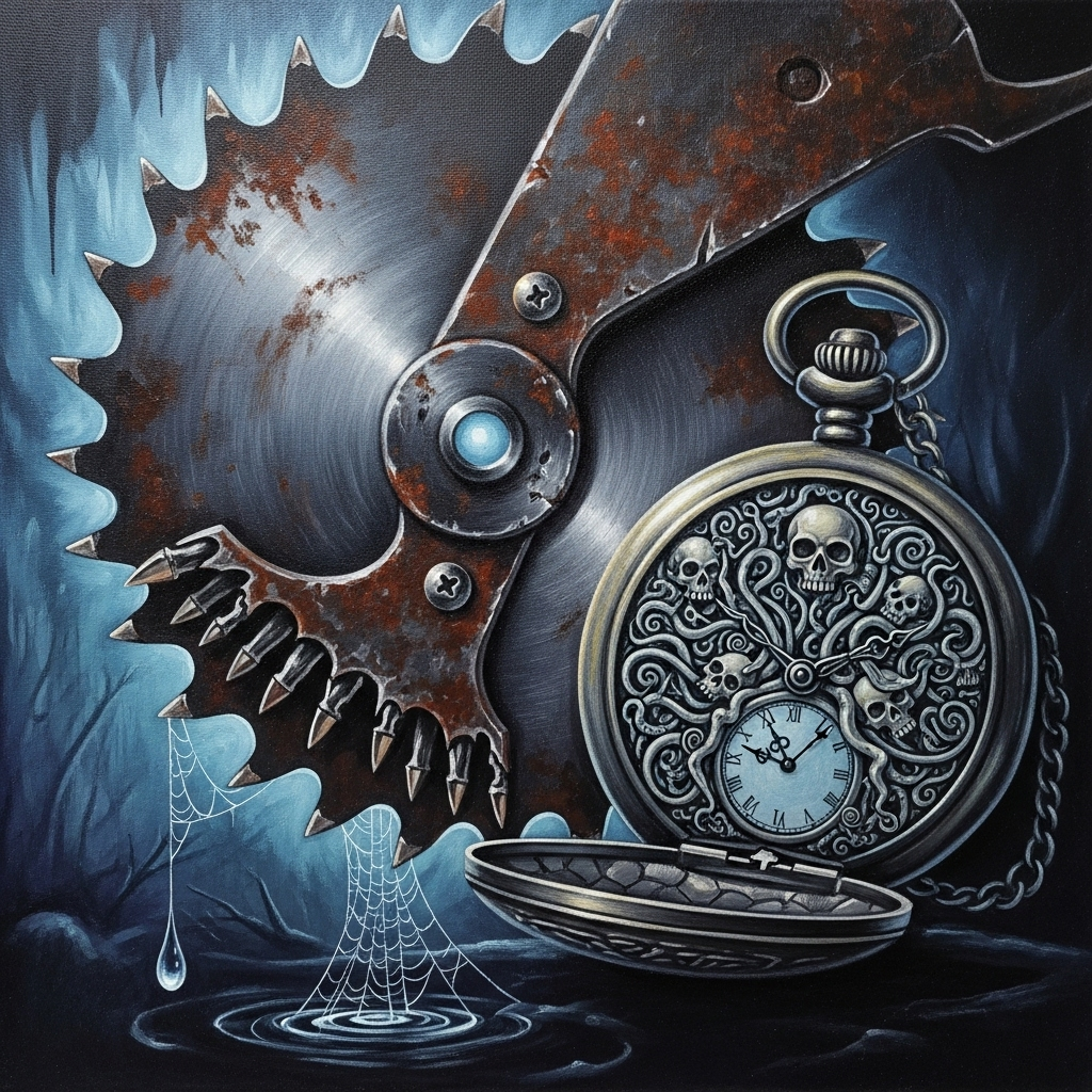 circular blade and pocketwatch, spooky, painting