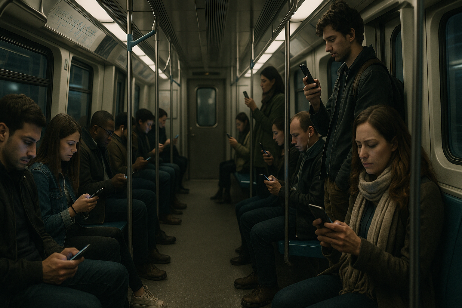 A scene within a metro train where there are multiple people (most seated and a few standing). All the people are hooked onto their mobile phones and oblivious to the surroundings.