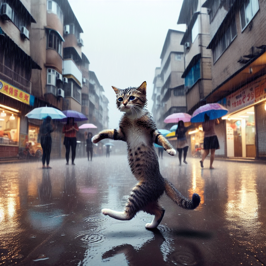 un gato bailando en la lluvia en una plaza de su barrio