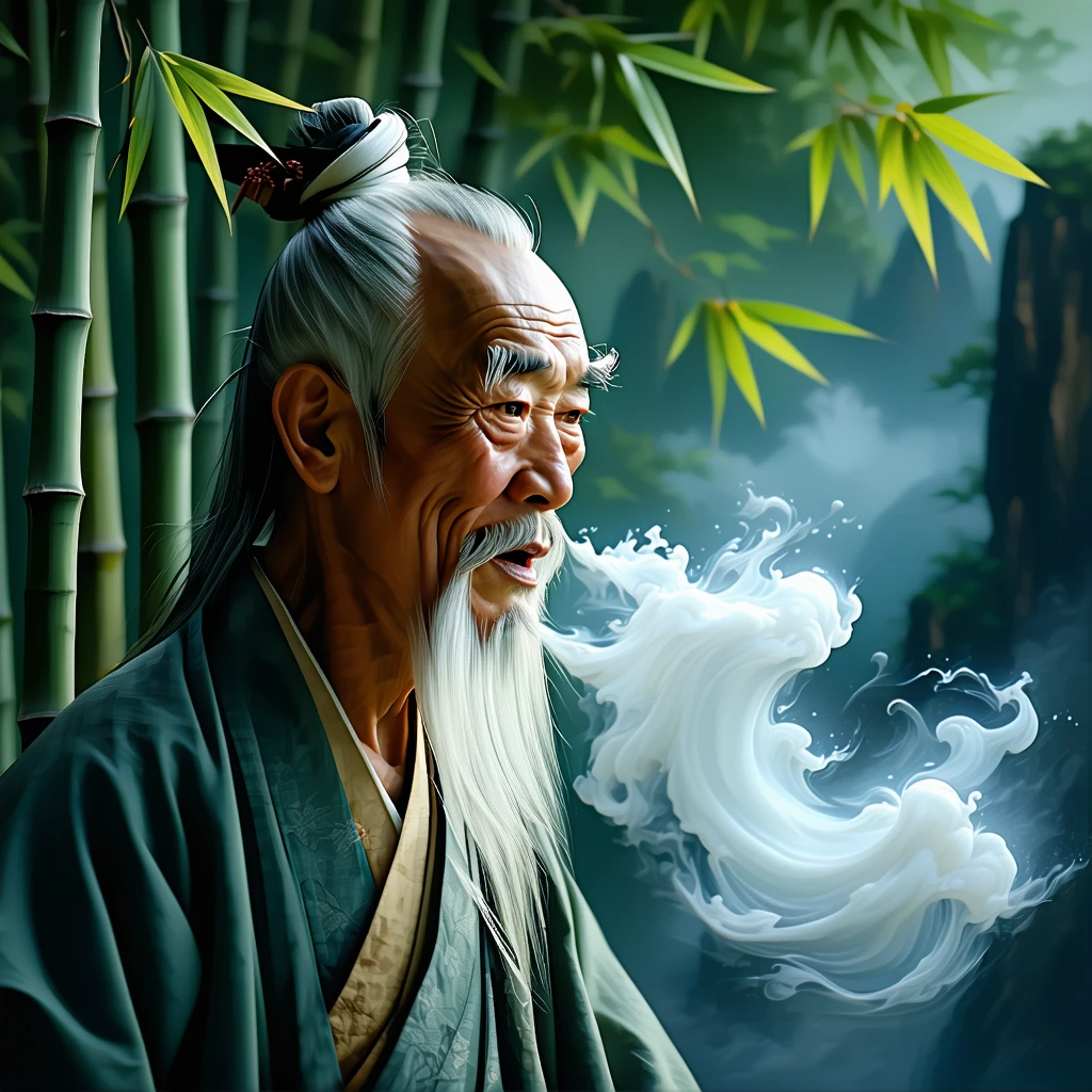 An old sage speaks gently by a bamboo grove; his breath forms flowing calligraphy in the wind.
A yin-yang symbol shimmers on his lips, blending with the breeze and mountain energy.

. cinematic, realism, hyper realism