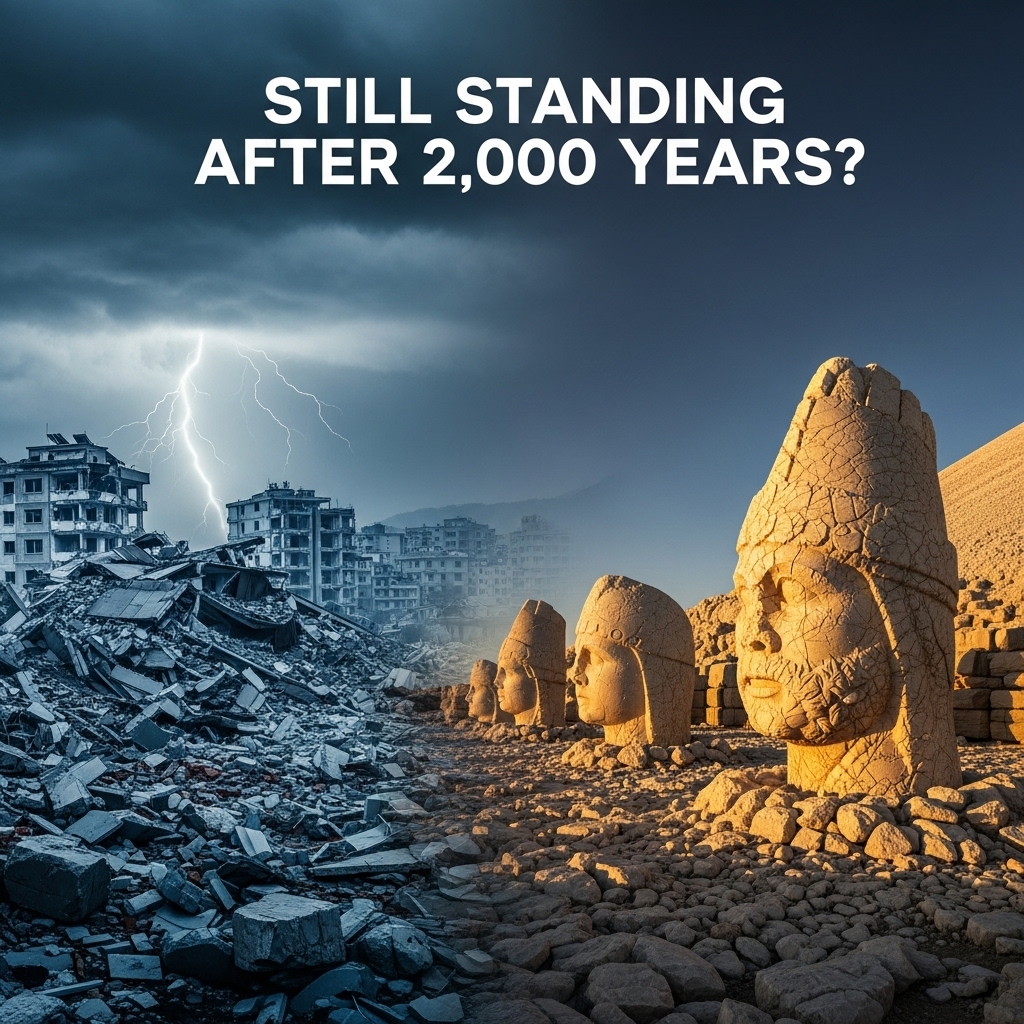 Split image: Left side shows a modern-day earthquake-ravaged city (faded), and the right side shows untouched ancient stone heads on Mount Nemrut. Highlight the contrast. Add a dramatic sky with a lightning bolt in the background. Text at the top: “Still Standing After 2,000 Years?”