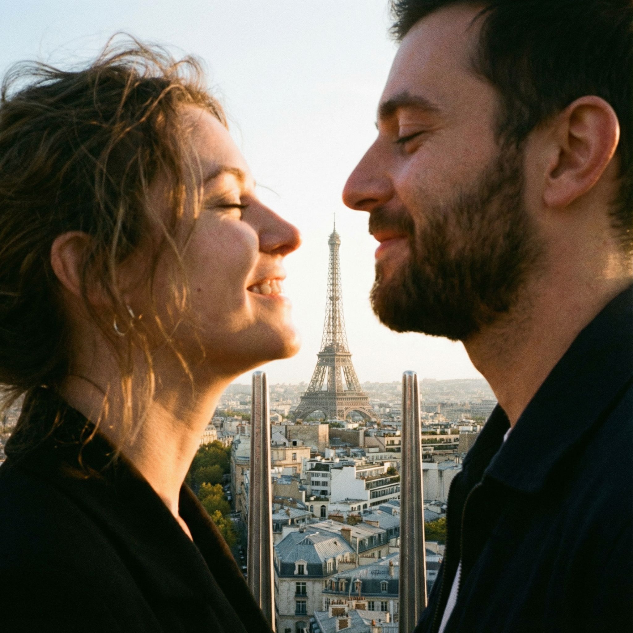 Generate a photo of a couple standing at a height facing each other with only their faces visible. In between them you can see the Eiffel tower in the background.