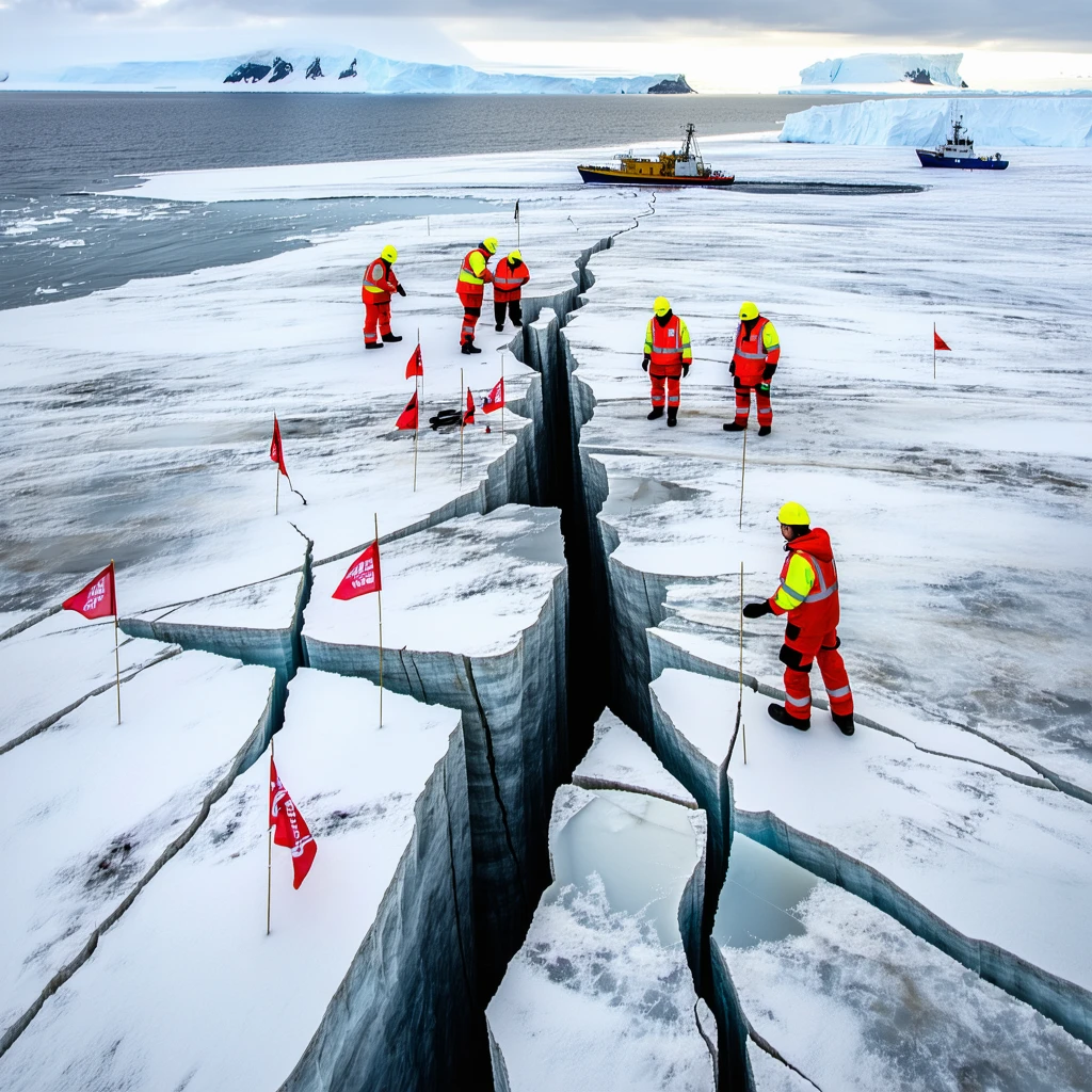A high-resolution aerial photograph of a massive crack forming in the Antarctic ice sheet, revealing layers of ancient ice and sediment. Near the crack, a group of real-life scientists in red and yellow cold-weather gear are inspecting the area, with scientific equipment like ground-penetrating radar and flags marking locations. A distant research station is visible under gray, stormy clouds. The ocean is partially frozen. Overlay the text in bold white and red: “ANTARCTICA IS MELTING – LOOK WHAT'S BELOW!” — realistic photojournalism style, 16:9 aspect ratio, Discovery Channel or BBC Earth documentary feel, natural lighting, dramatic but factual composition.