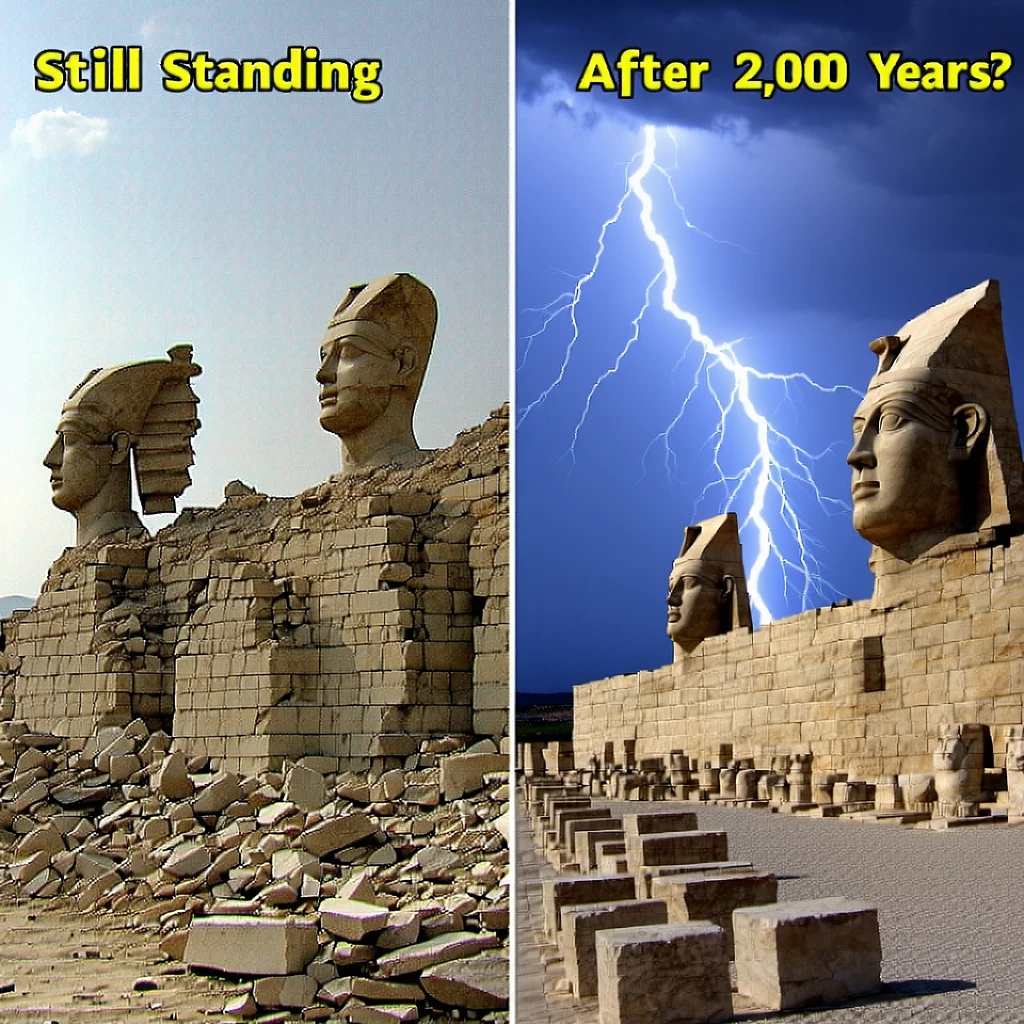 Split image: Left side shows a modern-day earthquake-ravaged city (faded), and the right side shows untouched ancient stone heads on Mount Nemrut. Highlight the contrast. Add a dramatic sky with a lightning bolt in the background. Text at the top: “Still Standing After 2,000 Years?” the image aspect ratio is 16:9