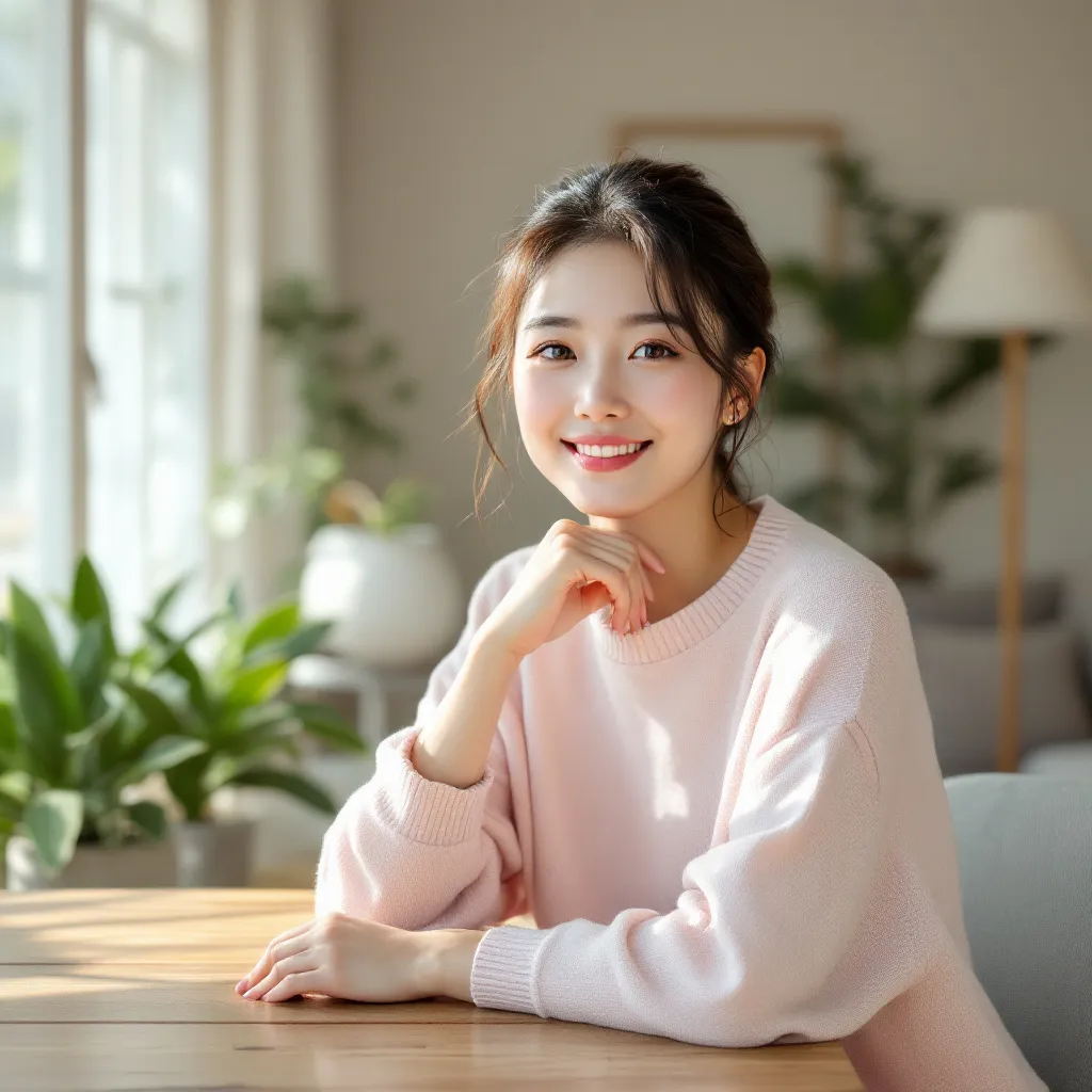 A high-resolution photograph features a young East Asian woman in her thirties seated at a wooden table in a sunlit living room. She confidently looks at the camera, her neatly pulled-back hair and comfortable pastel pink sweater complementing the serene ambiance created by the natural light, neutral-colored walls, and soft furnishings like the plants, sofa, and floor lamp around her.