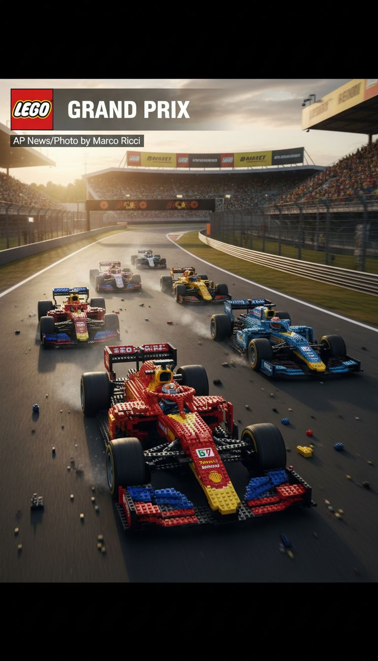 A formula 1 race where all the cars (full-size) are made of lego bricks. Image shot for a news media outlet by an award winning photographer.