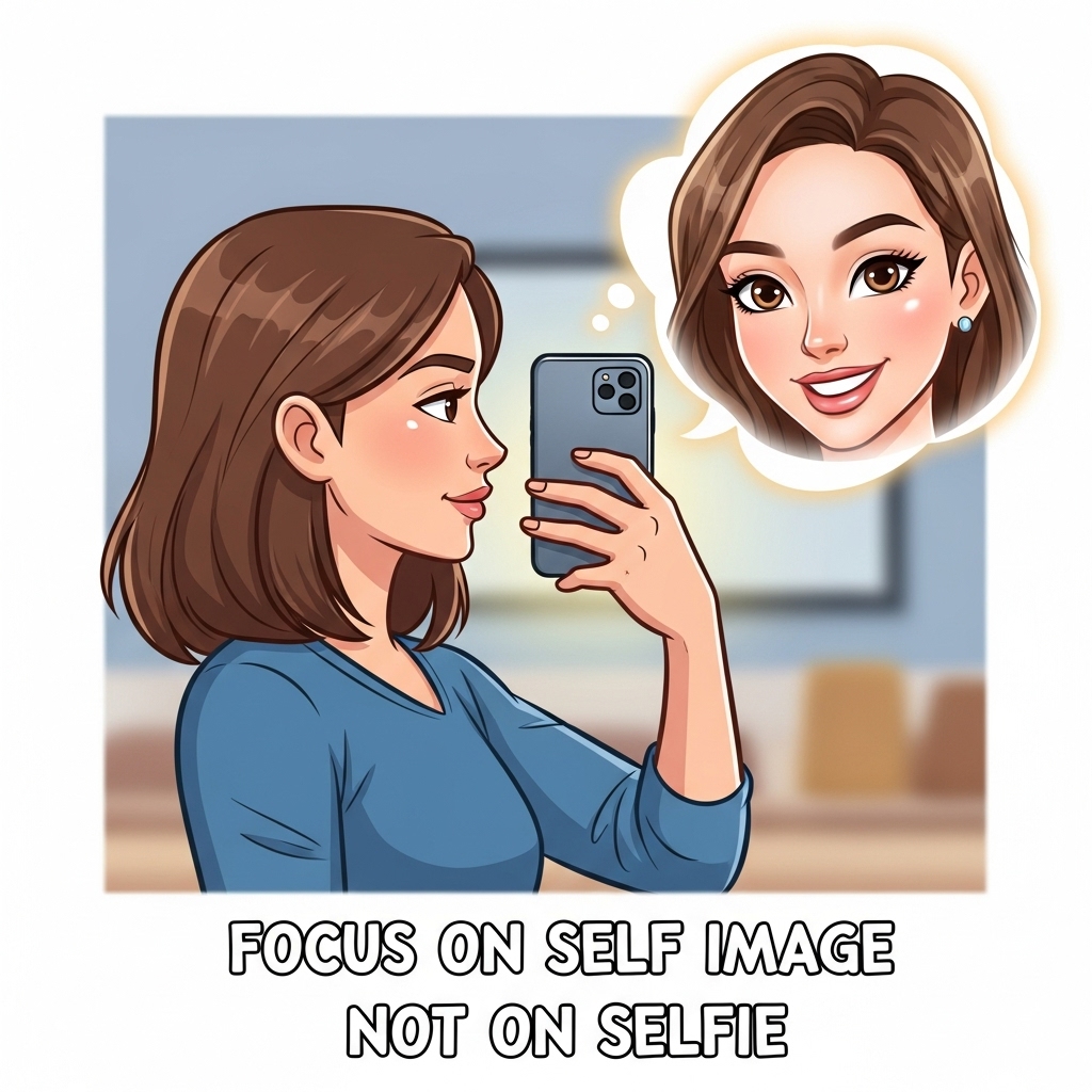 A side view woman taking a selfie using her mobile phone with her hand raised slightly over shoulder level. Behind the phone, we see a blurb with a beautified version of the woman. The picture is depicted in cartoon style. There is text at the bottom of the image that reads "Focus on Self Image not on Selfie".